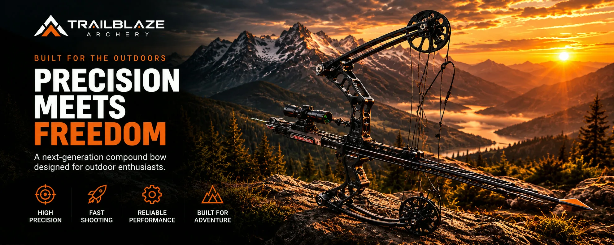 TRAILBLAZE Archery banner — a compound bow on a rocky ridge above forested mountain valleys at sunset